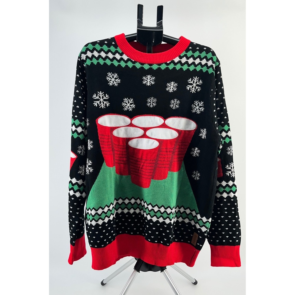 Tipsy Elves Beer Pong Ugly Christmas Sweater‎ XXL Black Red Holiday